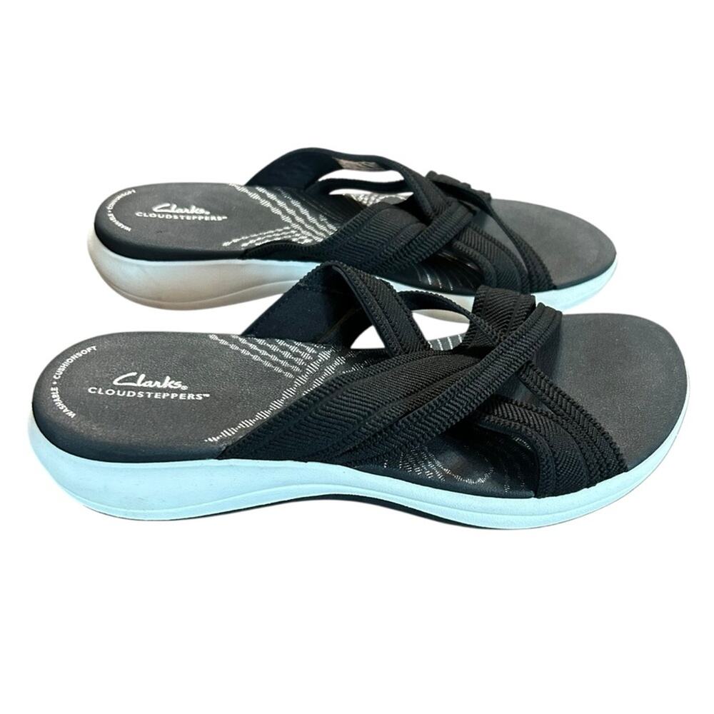 Cloudsteppers by Clarks Mira Isle Black Sandals Slip On Low Wedge NEW 10